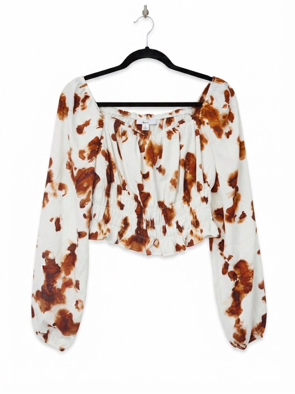 Bar III White Blouse with Brown Tie-Dye Peplum